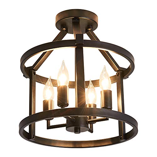Traditional Semi Flush Mount Ceiling Lighting Fittings Farmhouse Black Chandelier 4 Light Rustic Candle Style Pendant For Dining Room Bedroom Foyer Hallway Kitchen Electronics - Wooden Semi Flush Ceiling Lights Uk
